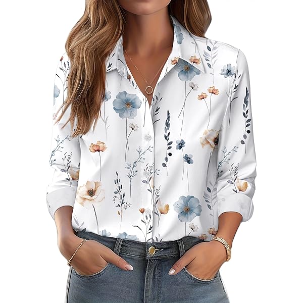 Generic Flower Print Button Down Long Sleeve Shirt for Women